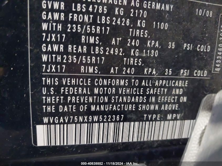2009 VOLKSWAGEN TIGUAN VIN: WVGAV75NX9W522367
