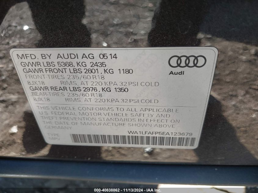 2014 Audi Q5 2.0T Premium VIN: WA1LFAFP5EA123679 Lot: 40838862