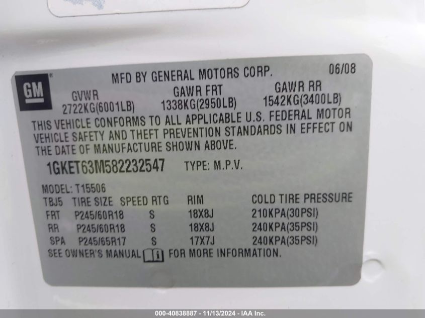 2008 GMC Envoy Denali VIN: 1GKET63M582232547 Lot: 40838887