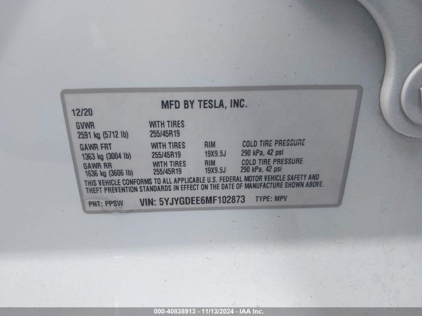 2021 Tesla Model Y Long Range Dual Motor All-Wheel Drive VIN: 5YJYGDEE6MF102873 Lot: 40838913