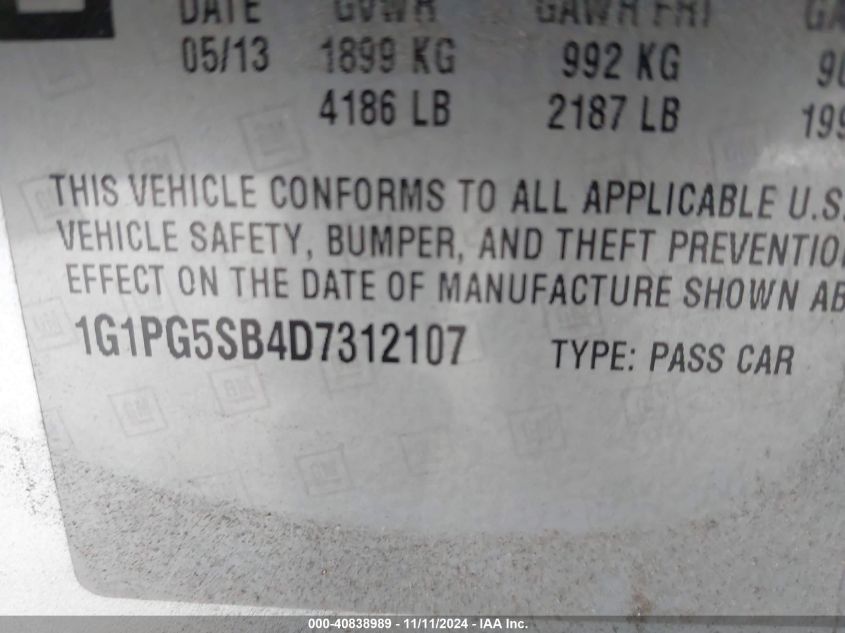 VIN 1G1PG5SB4D7312107 2013 Chevrolet Cruze, Ltz no.9