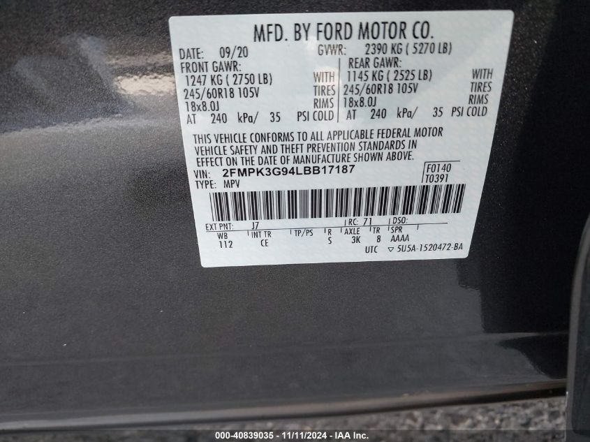 2020 Ford Edge Se VIN: 2FMPK3G94LBB17187 Lot: 40839035