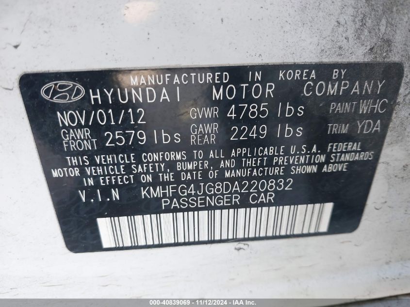 2013 Hyundai Azera VIN: KMHFG4JG8DA220832 Lot: 40839069