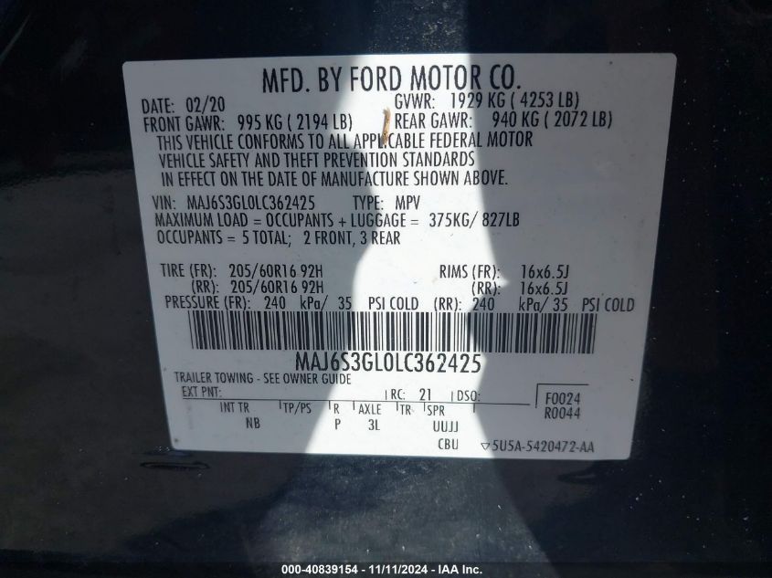 2020 Ford Ecosport Se VIN: MAJ6S3GL0LC362425 Lot: 40839154