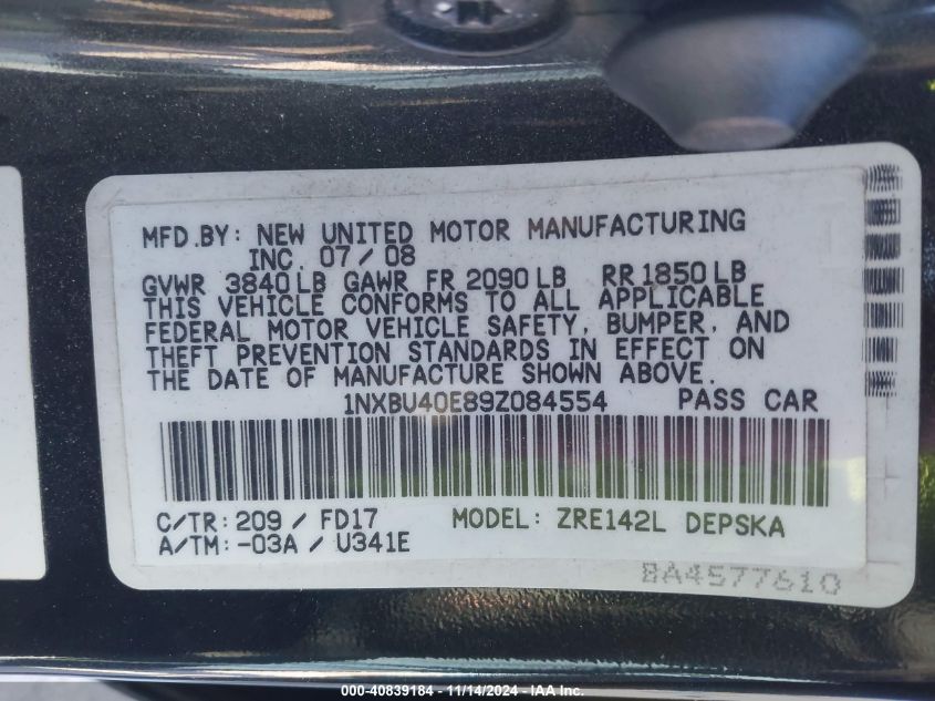 2009 TOYOTA COROLLA VIN: 1NXBU40E89Z084554