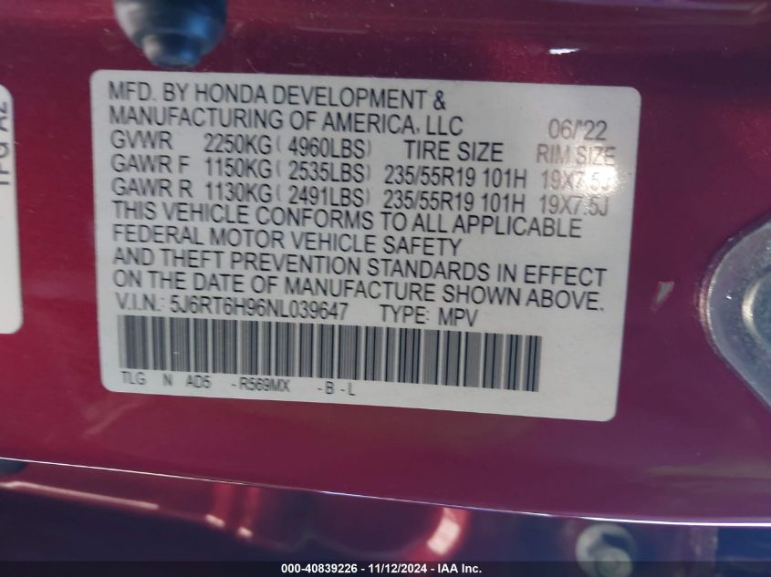 VIN 5J6RT6H96NL039647 2022 HONDA CR-V no.9