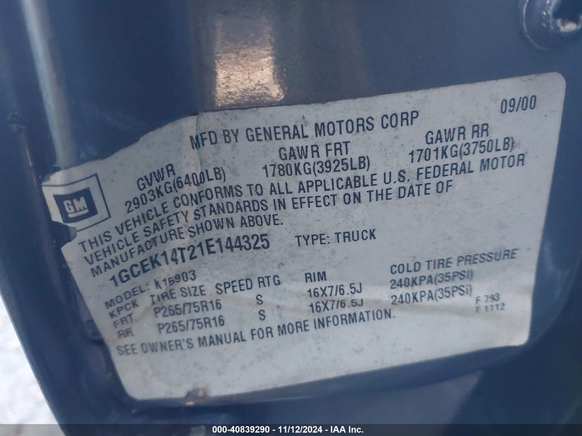 2001 Chevrolet Silverado 1500 Ls VIN: 1GCEK14T21E144325 Lot: 40839290