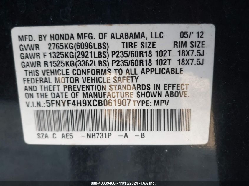 2012 Honda Pilot Touring VIN: 5FNYF4H9XCB061907 Lot: 40839466