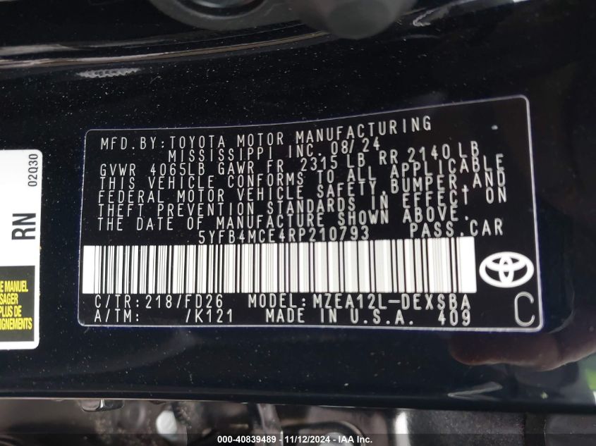 VIN 5YFB4MCE4RP210793 2024 Toyota Corolla, Nightsha... no.9