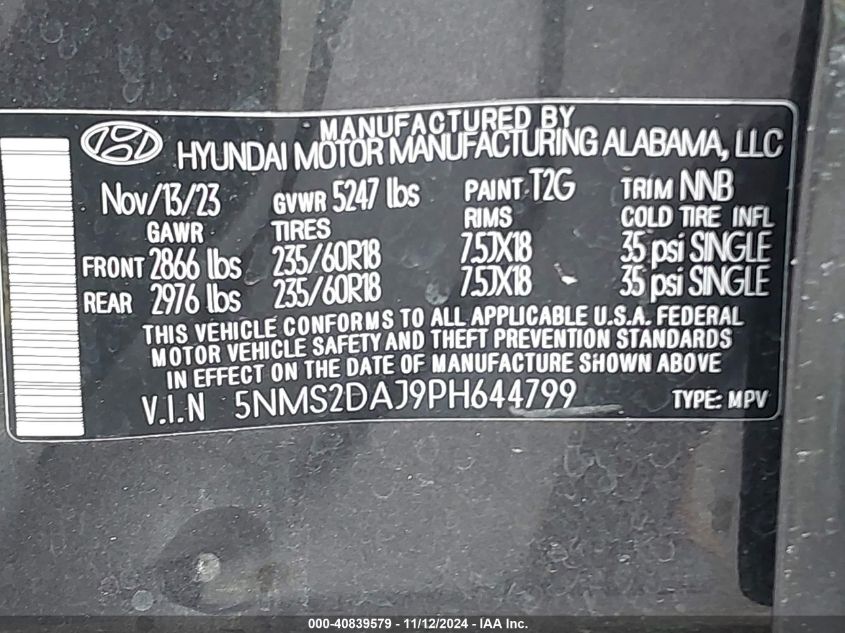 2023 Hyundai Santa Fe Sel VIN: 5NMS2DAJ9PH644799 Lot: 40839579