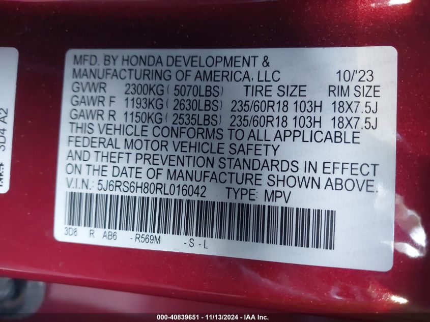 VIN 5J6RS6H80RL016042 2024 Honda CR-V, Hybrid Sport-L no.9