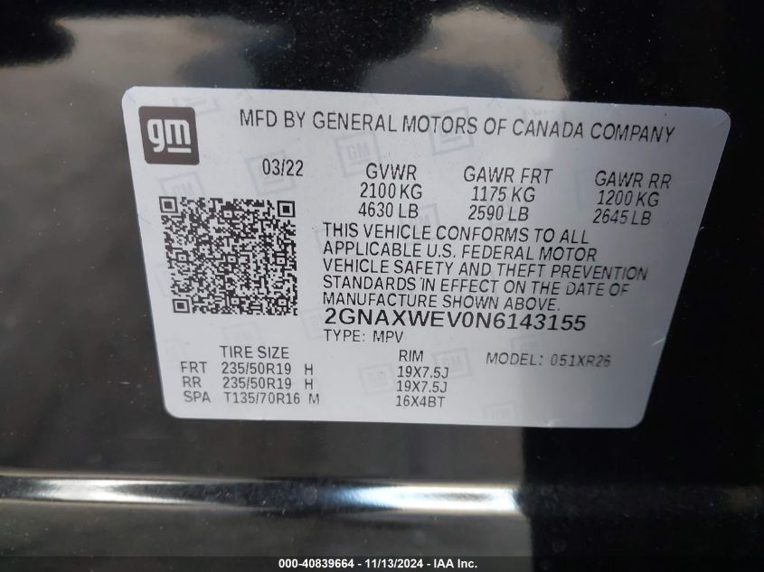 2022 Chevrolet Equinox Awd Rs VIN: 2GNAXWEV0N6143155 Lot: 40839664