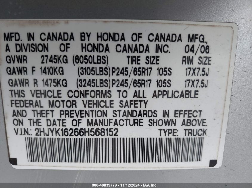 2006 Honda Ridgeline Rt VIN: 2HJYK16266H568152 Lot: 40839779