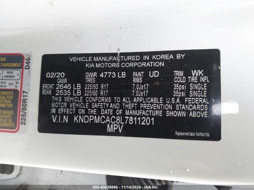 2020 Kia Sportage Lx VIN: KNDPMCAC8L7811201 Lot: 40839866