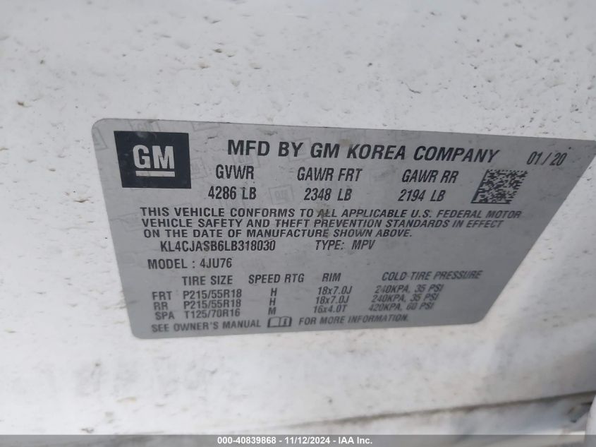 2020 Buick Encore Fwd Preferred VIN: KL4CJASB6LB318030 Lot: 40839868