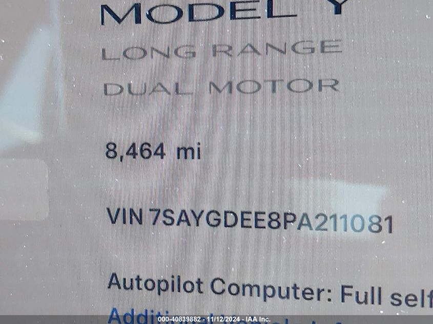 2023 Tesla Model Y Awd/Long Range Dual Motor All-Wheel Drive VIN: 7SAYGDEE8PA211081 Lot: 40839882