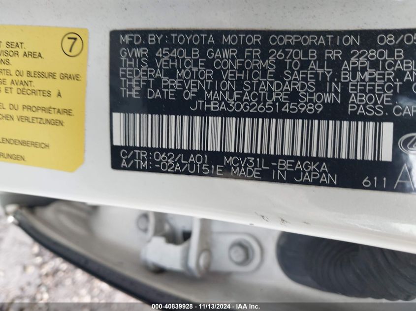 2006 Lexus Es 330 VIN: JTHBA30G265145989 Lot: 40839928