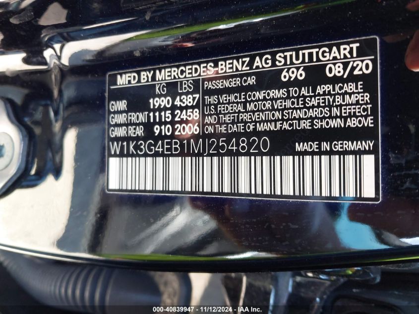 2021 Mercedes-Benz A 220 VIN: W1K3G4EB1MJ254820 Lot: 40839947