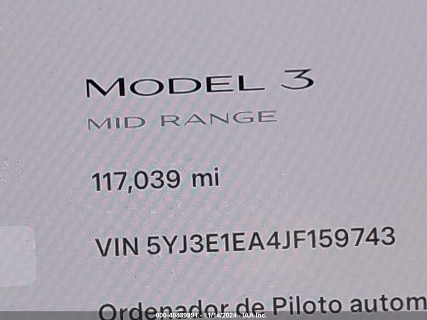 2018 Tesla Model 3 Long Range/Mid Range VIN: 5YJ3E1EA4JF159743 Lot: 40839991