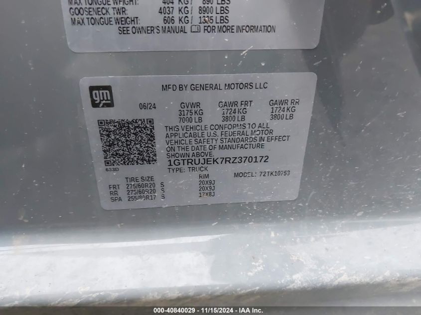 2024 GMC Sierra 1500 4Wd Standard Box Elevation With 3Vl VIN: 1GTRUJEK7RZ370172 Lot: 40840029