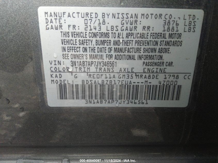 VIN 3N1AB7AP7JY346561 2018 Nissan Sentra, S no.9