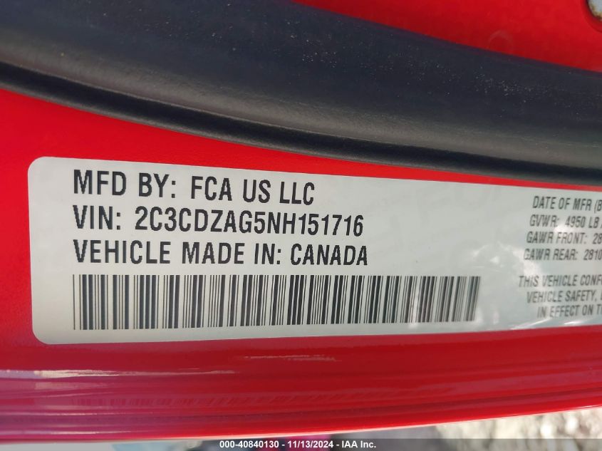 2022 Dodge Challenger Sxt VIN: 2C3CDZAG5NH151716 Lot: 40840130