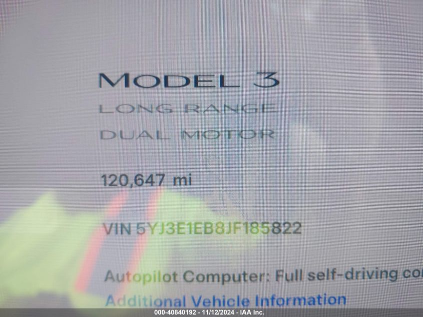 2018 Tesla Model 3 Long Range/Performance VIN: 5YJ3E1EB8JF185822 Lot: 40840192