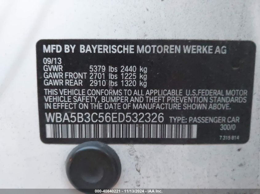 2014 BMW 535I xDrive VIN: WBA5B3C56ED532326 Lot: 40840221