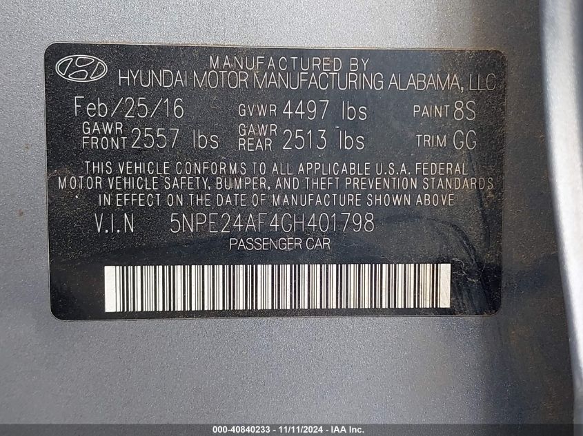 2016 Hyundai Sonata VIN: 5NPE24AF4GH401798 Lot: 40840233