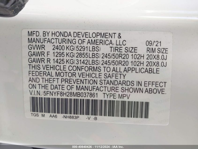 2021 Honda Passport Awd Sport VIN: 5FNYF8H28MB037861 Lot: 40840426