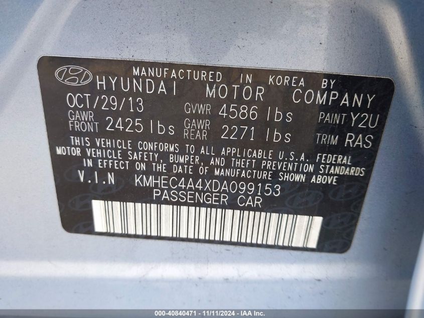 2013 Hyundai Sonata Hybrid VIN: KMHEC4A4XDA099153 Lot: 40840471