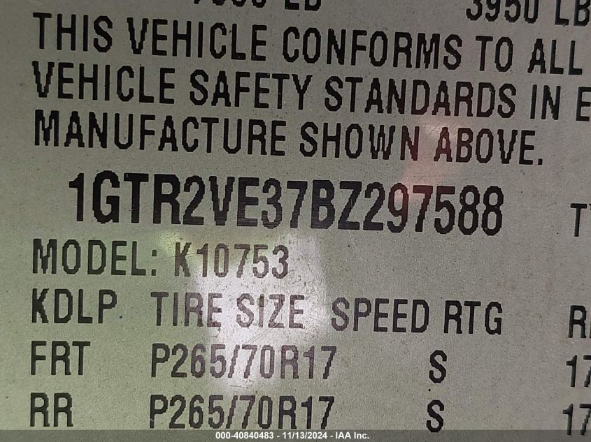 2011 GMC Sierra 1500 Sle VIN: 1GTR2VE37BZ297588 Lot: 40840483