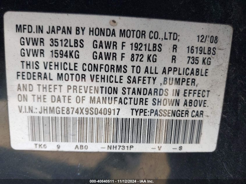2009 HONDA FIT VIN: JHMGE874X9S040917