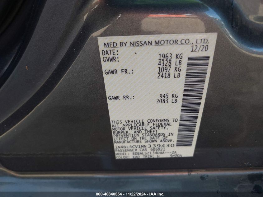 2021 Nissan Altima Sr Fwd VIN: 1N4BL4CV1MN339430 Lot: 40840554