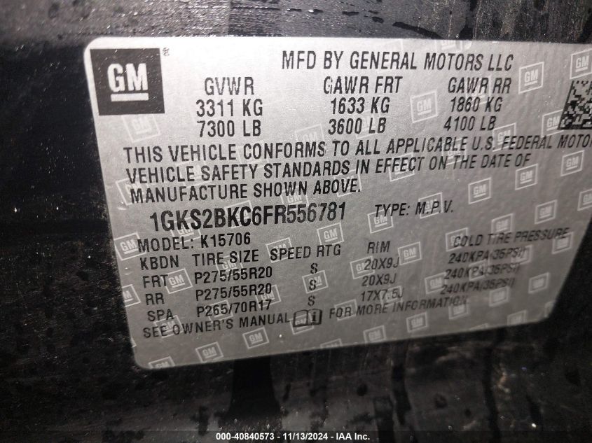 VIN 1GKS2BKC6FR556781 2015 GMC YUKON no.9