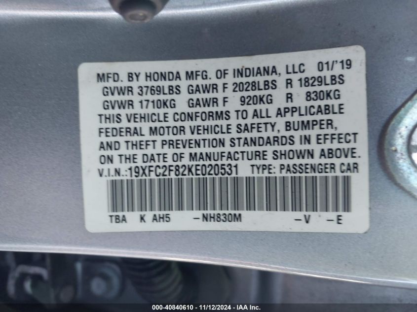 2019 Honda Civic Sport VIN: 19XFC2F82KE020531 Lot: 40840610