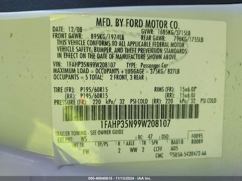 2009 Ford Focus Se VIN: 1FAHP35N99W208107 Lot: 40840615