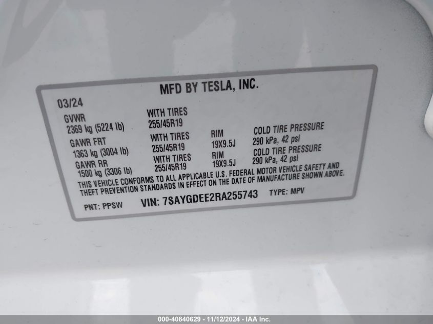 2024 Tesla Model Y Long Range Dual Motor All-Wheel Drive VIN: 7SAYGDEE2RA255743 Lot: 40840629