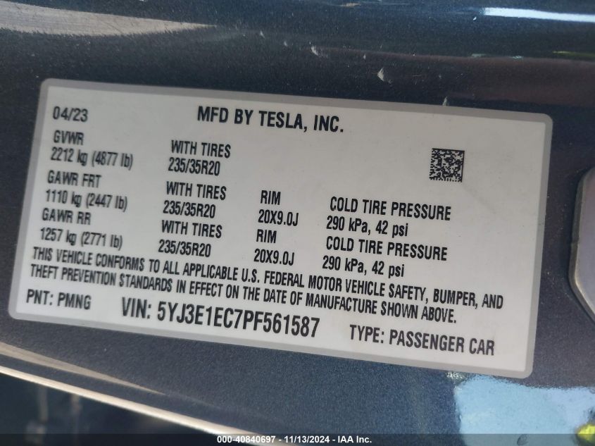 2023 Tesla Model 3 Performance Dual Motor All-Wheel Drive VIN: 5YJ3E1EC7PF561587 Lot: 40840697