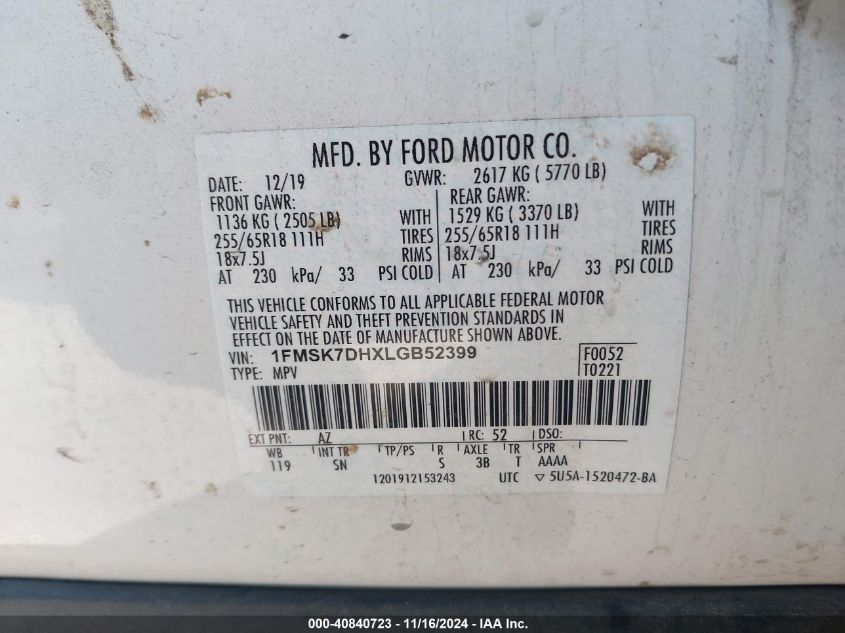 2020 FORD EXPLORER XLT - 1FMSK7DHXLGB52399