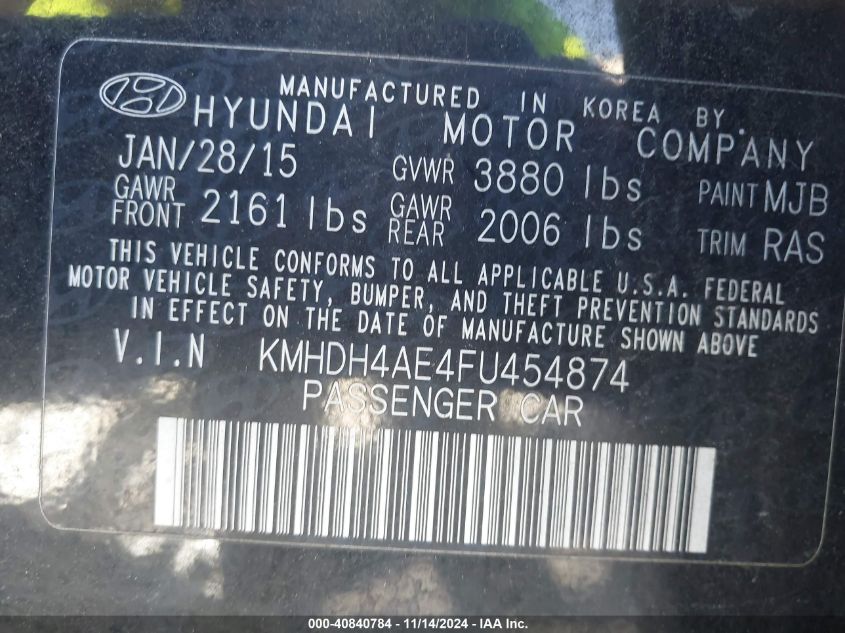 2015 Hyundai Elantra Se VIN: KMHDH4AE4FU454874 Lot: 40840784