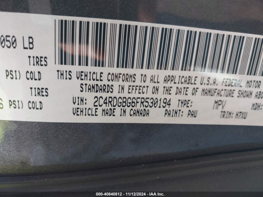 2015 Dodge Grand Caravan Se VIN: 2C4RDGBG6FR530194 Lot: 40840812