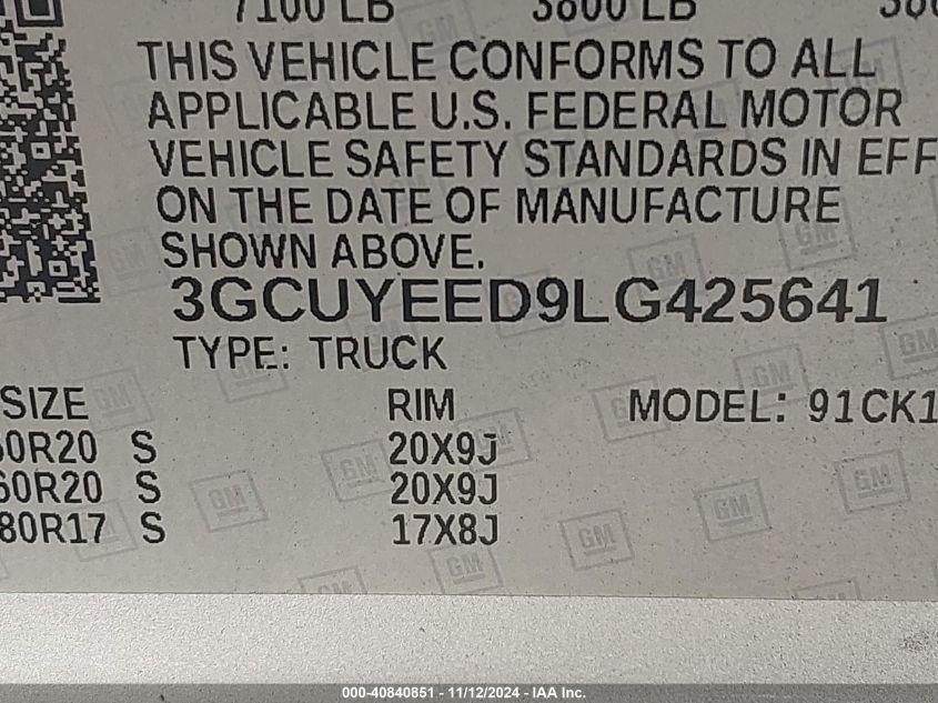 2020 Chevrolet Silverado 1500 4Wd Short Bed Rst VIN: 3GCUYEED9LG425641 Lot: 40840851