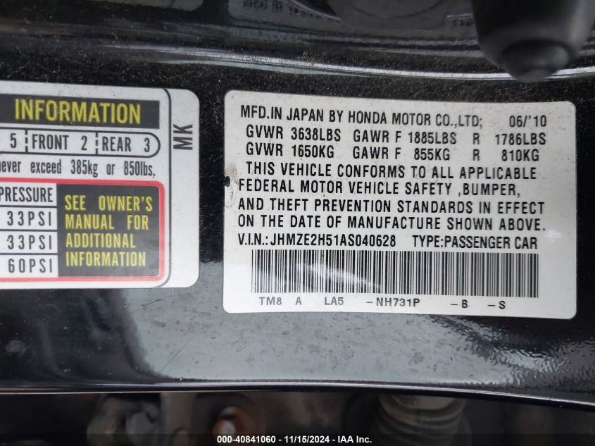 2010 Honda Insight Lx VIN: JHMZE2H51AS040628 Lot: 40841060