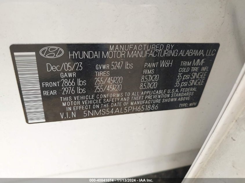 2023 Hyundai Santa Fe Calligraphy VIN: 5NMS54AL5PH651886 Lot: 40841074