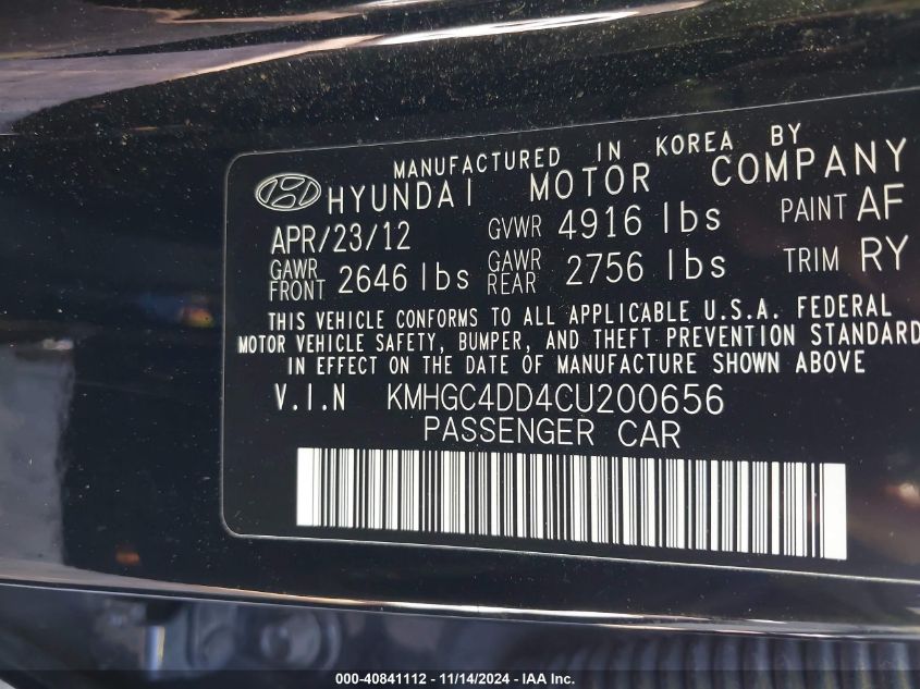 2012 Hyundai Genesis 3.8 VIN: KMHGC4DD4CU200656 Lot: 40841112