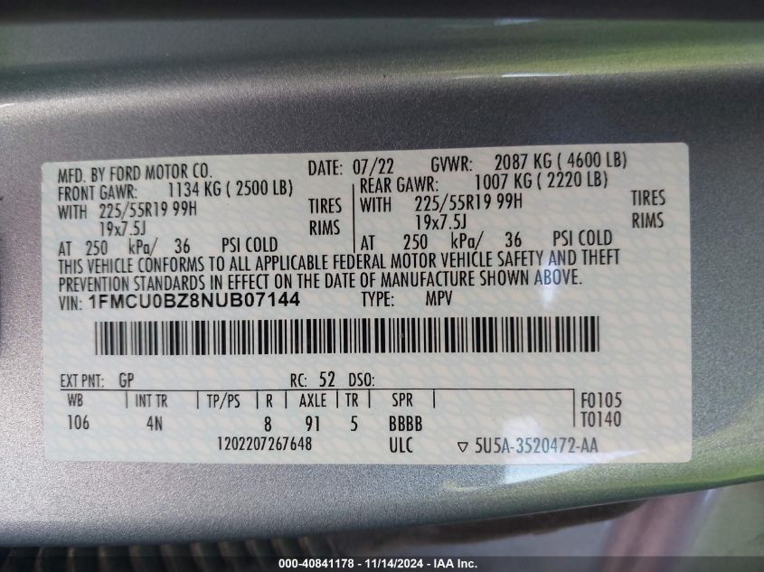 2022 Ford Escape Se Hybrid VIN: 1FMCU0BZ8NUB07144 Lot: 40841178