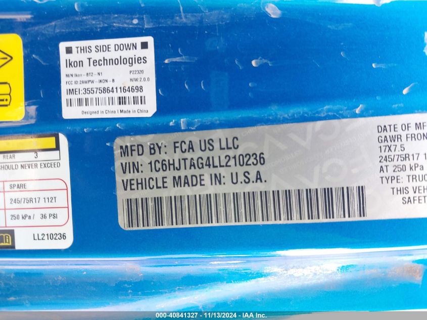 2020 Jeep Gladiator Sport S 4X4 VIN: 1C6HJTAG4LL210236 Lot: 40841327