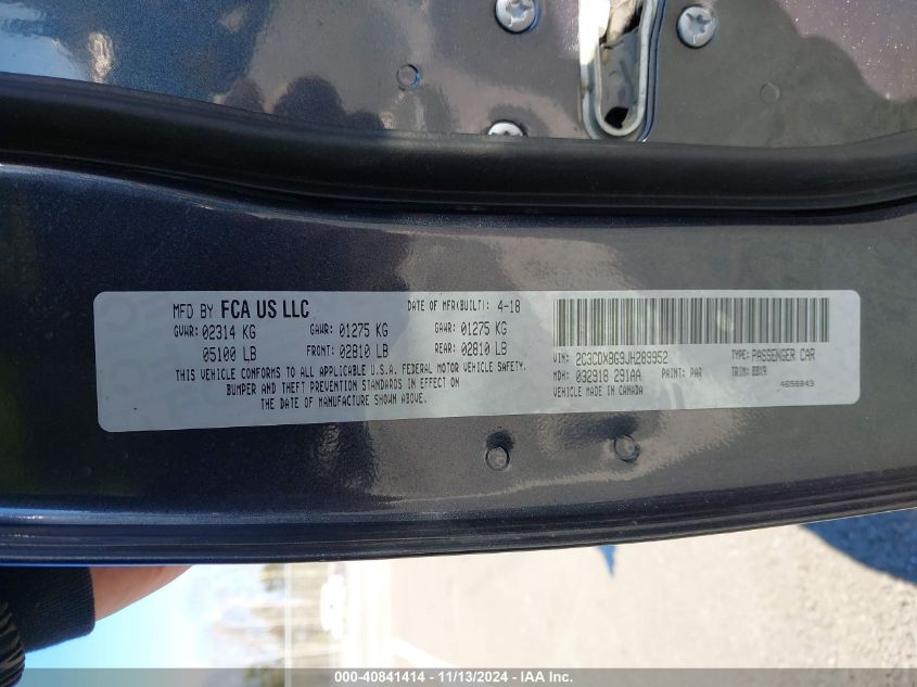 VIN 2C3CDXBG9JH289952 2018 DODGE CHARGER SXT RWD