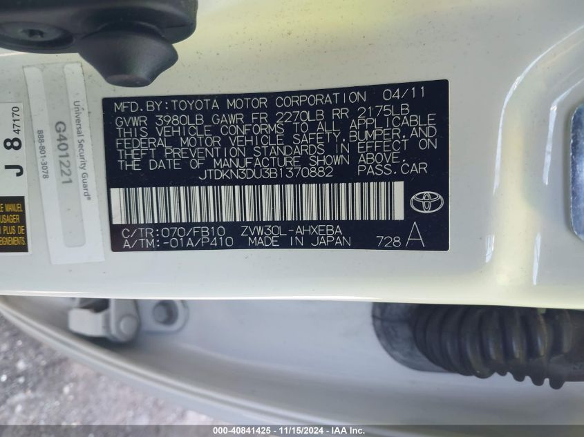 2011 Toyota Prius Two VIN: JTDKN3DU3B1370882 Lot: 40841425